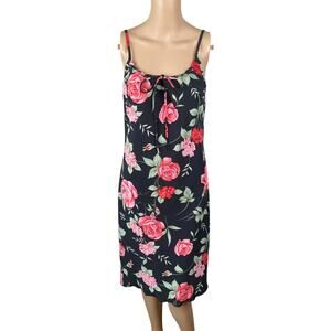 Vtg 90s Black Pink Floral Rose Whimsigoth Grunge Slip Dress SZ M